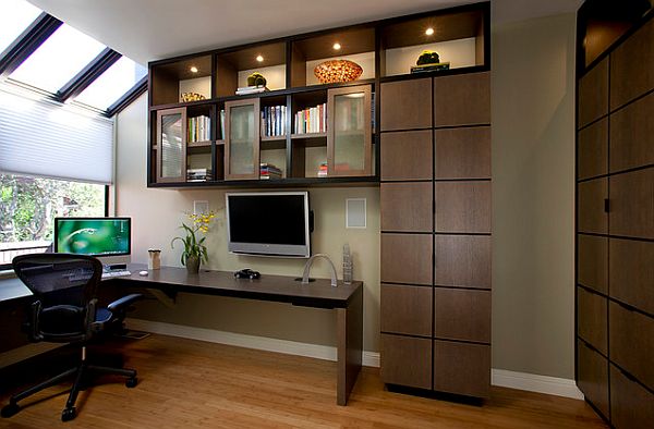 Home office design with corner desk and stylish cabinets