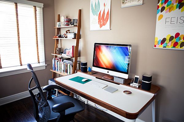 Home office with a multitasking desk and restrained shelf space