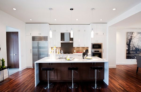 House remodeling with white furniture kitchen and dark floors