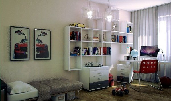 Red and white teen work space nestled away beautifully