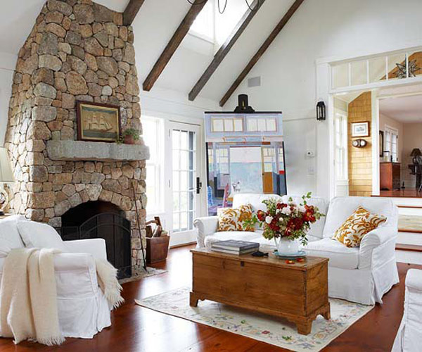 Rustic stone fireplace