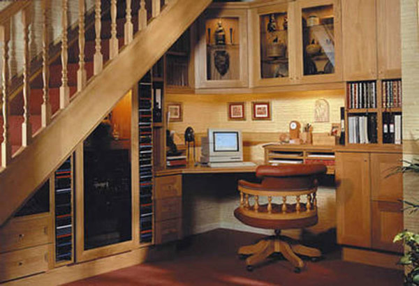 Shelf space for home office unit below the stairs