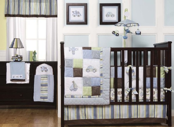 Sleek and contemporary baby boys bedding set in cool blue and auto motif