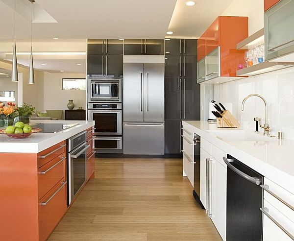 Slick-and-modern-multi-colored-cabinets-in-orange-white-and-black-kitchen