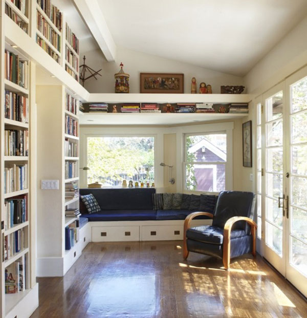 Space conscious home library setting with stylish furniture