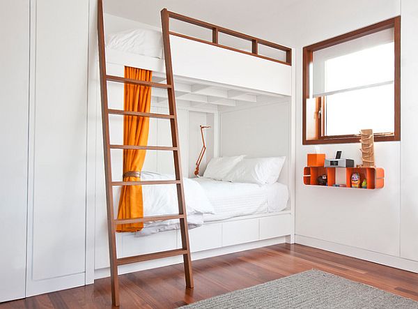 Stylish teenage bedroom with white bunk beds with ladder
