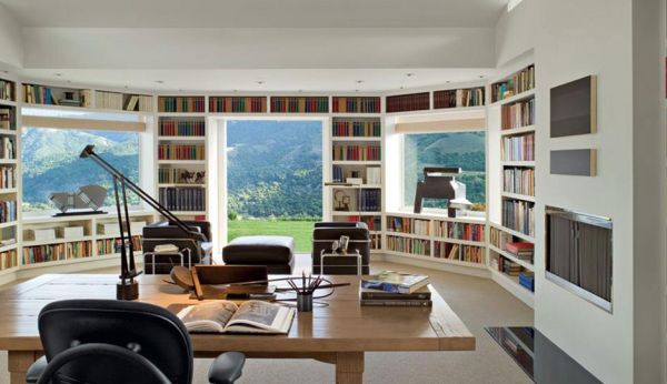 Summer home library that comes along with gorgeous views