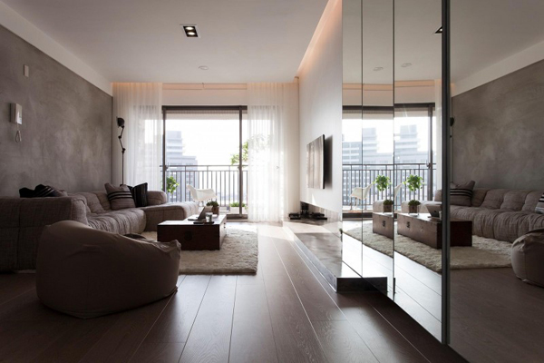 Taiwanese-Contemporary-Apartment-living-room-with-tall-mirrors