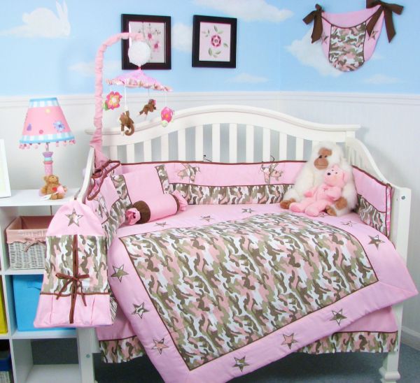 Trendy pink camouflage baby bedding for girls