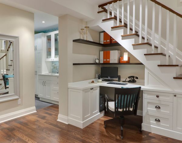 Use the space under the stairs to sport compact  home office shelves