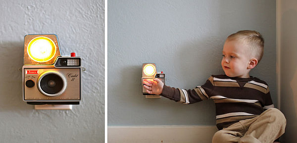 Vintage camera turned wall lamp