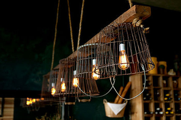 Vintage wire baskets turned into light fixtures