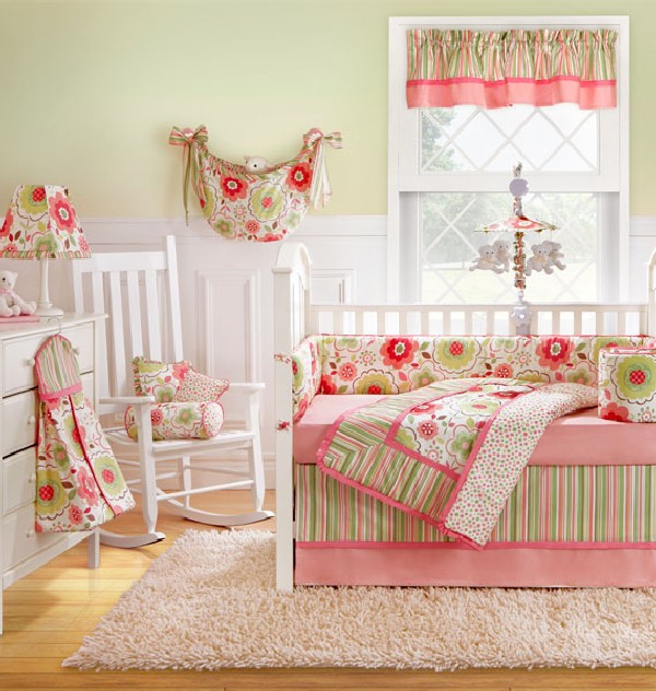 White and pink girls baby bedding blends in with most design themes