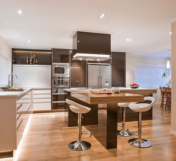 White high gloss kitchen with island with T table