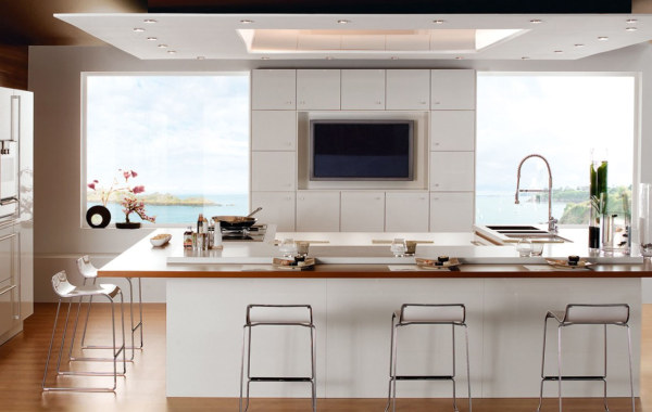 White inspiring kitchen decor with sea view