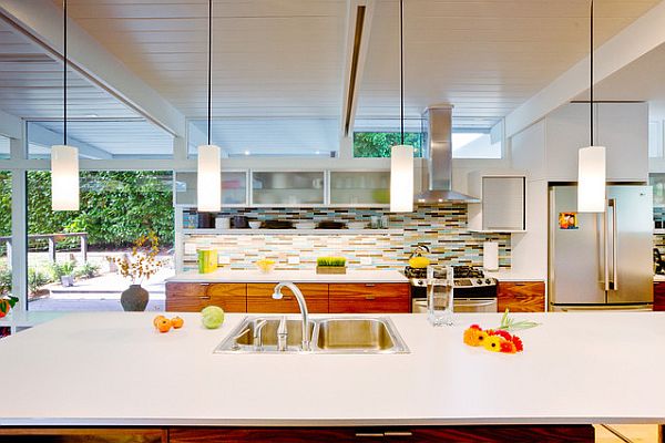 bright kitchen with brown and blue backsplash design