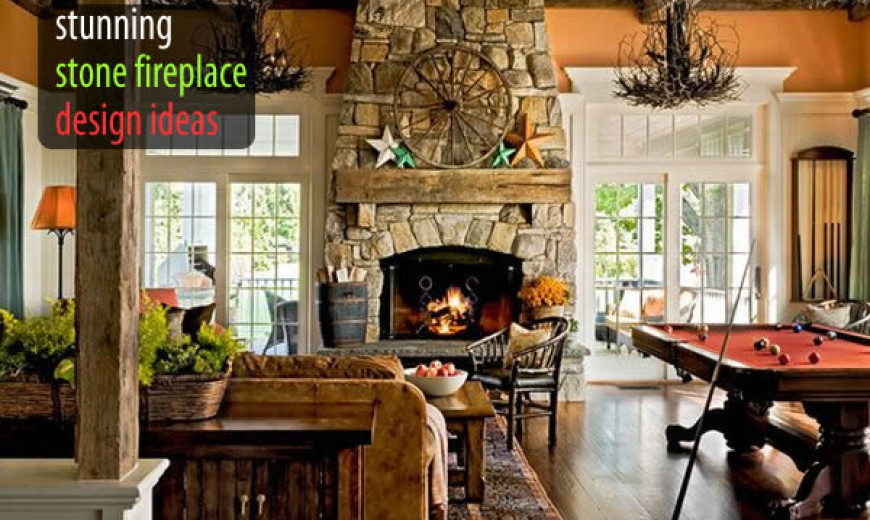 simple design fieldstone fireplace