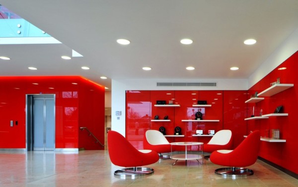 glossy red and white office design