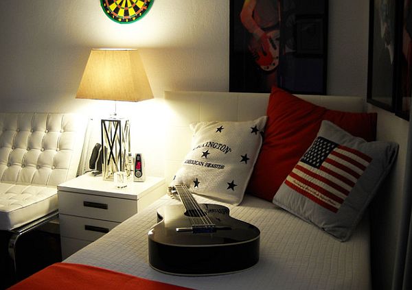 teenage boy room idea with white bed and American flag pillow