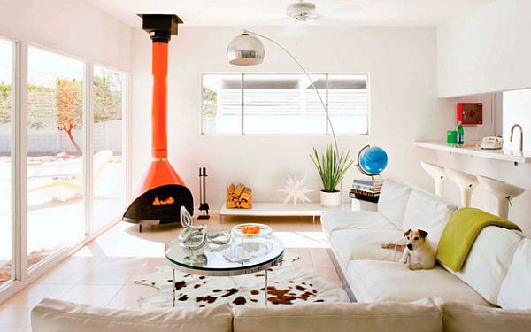 white living room with fireplace