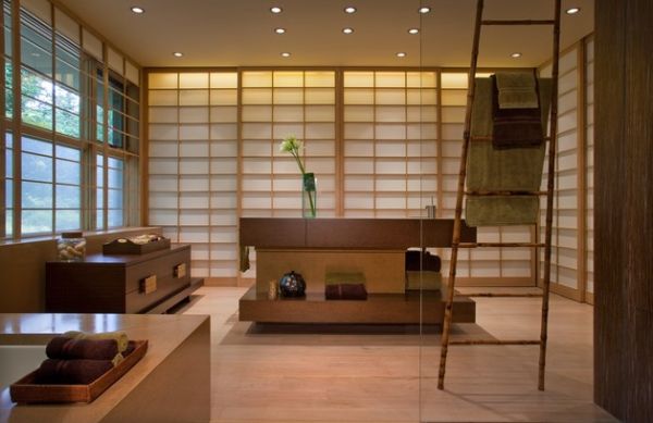 Japanese styled bathroom with wood floors and walls