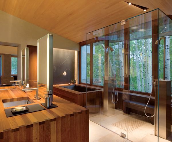 Feng Shui bathroom with lavish wooden presence