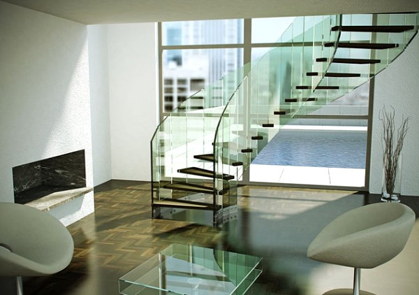 Glass and wooden staircase