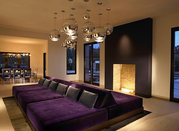 Gorgeous Purple cushions go great with a vivacious home theater setting