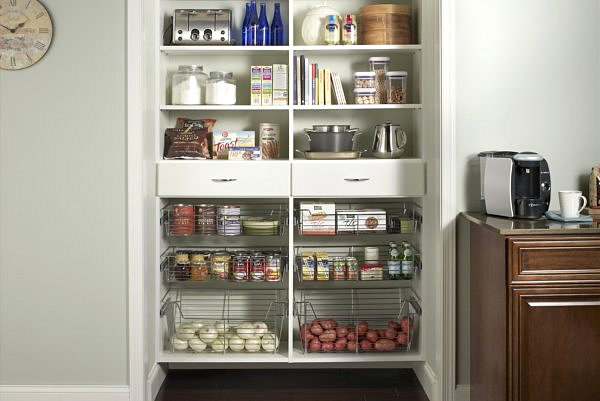 Kitchen pantry storage with metal baskets