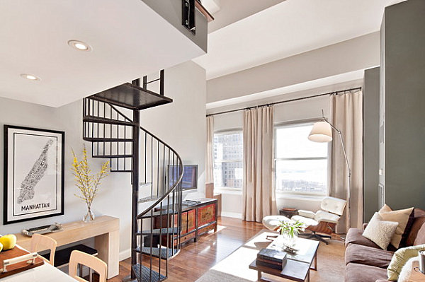 Metal staircase in a contemporary living room