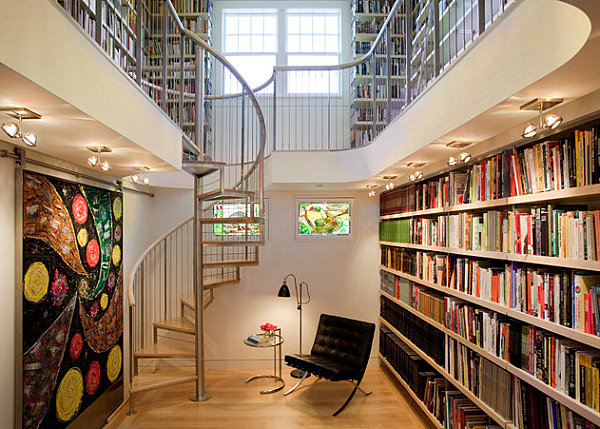 Metal staircase in an artistic library