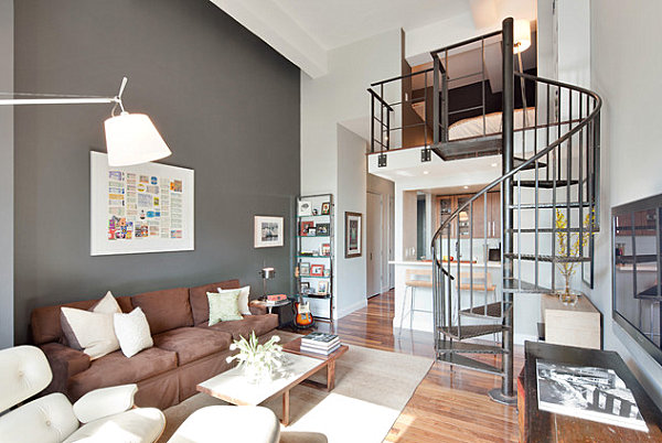 Metal staircase in a gray living room