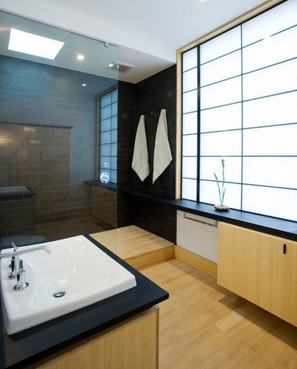 Modern Japanese bathroom with opaque glass window