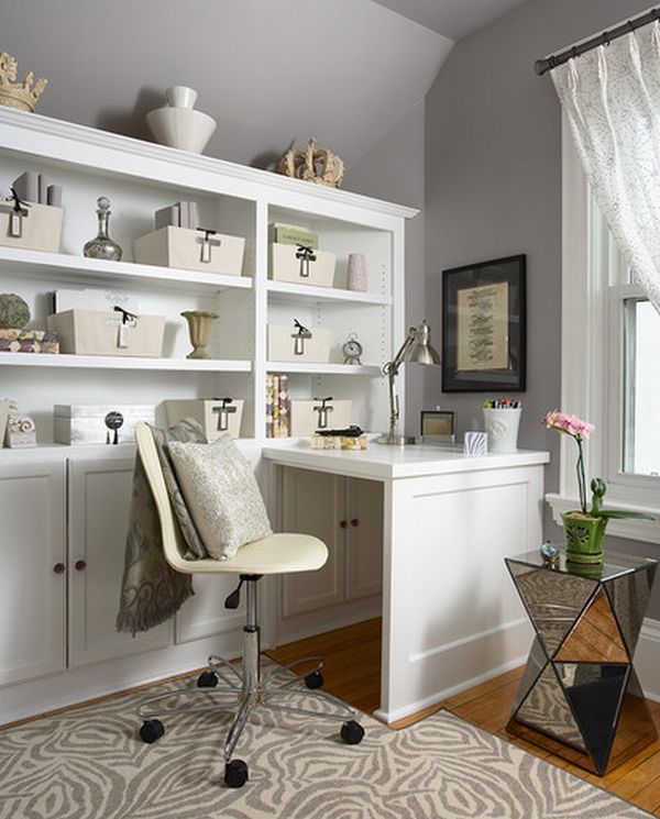 Organized home office space with plenty of storage options around