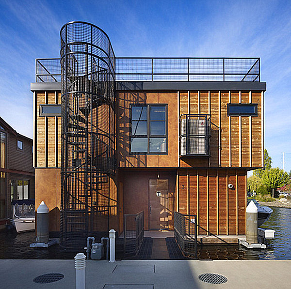 Outdoor spiral staircase with protective railing