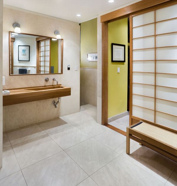 Simple master bathroom in New York loft with strong Japanese overtones