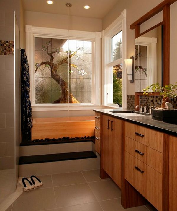 Stunning Asian themed master bath design with neutral shades and lovely bamboo cabinetry