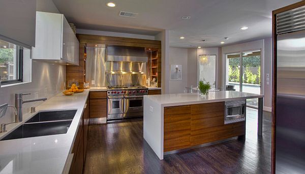 Teak Wood Base Cabinets in sleek modern kitchen