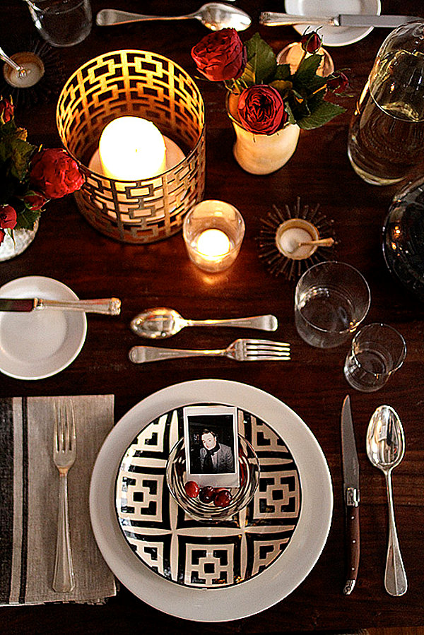 Thanksgiving place settings in red, white, black and brass