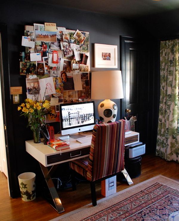 Tiny eclectic home office with loads of color