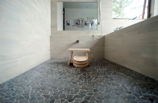 Traditional Japanese bath design with beautiful pebble stone flooring