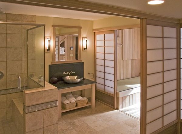 Tranquil Japanese bathroom with serene Shoji screens