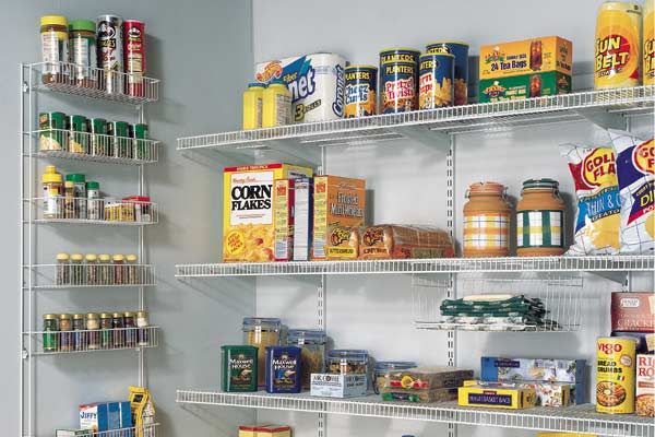 Wire shelving in a kitchen pantry