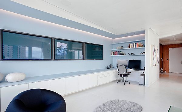 home office design with tv wall