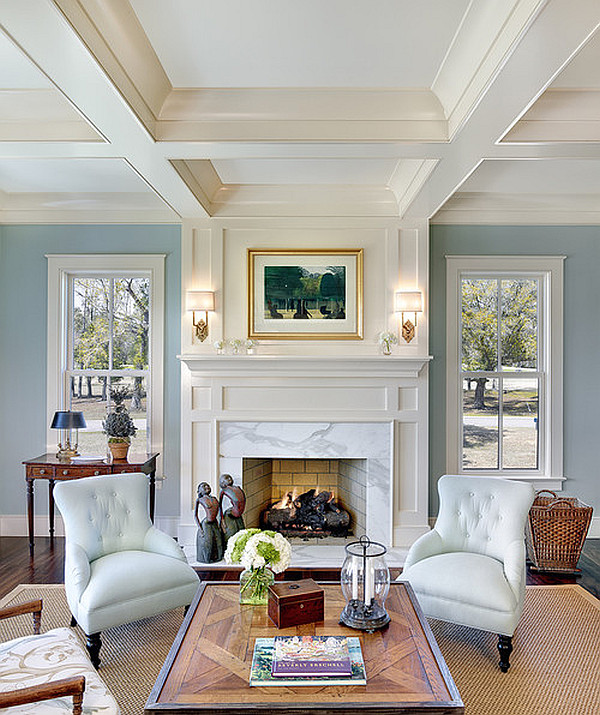 light blue walls and fancy coffered ceiling