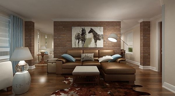 living room with exposed brick wall