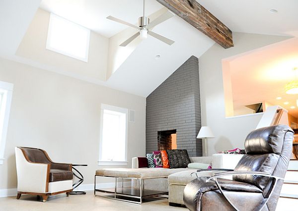 ultra modern living room with exposed wooden beams