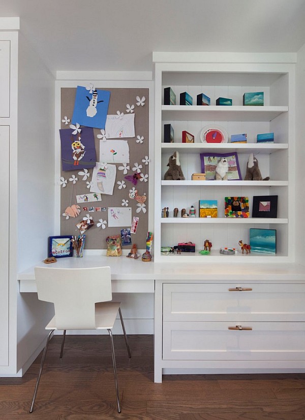 white built-in home office desk