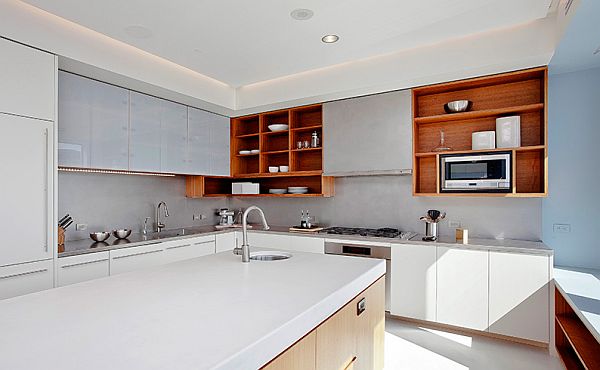 white themed kitchen with wooden shelves