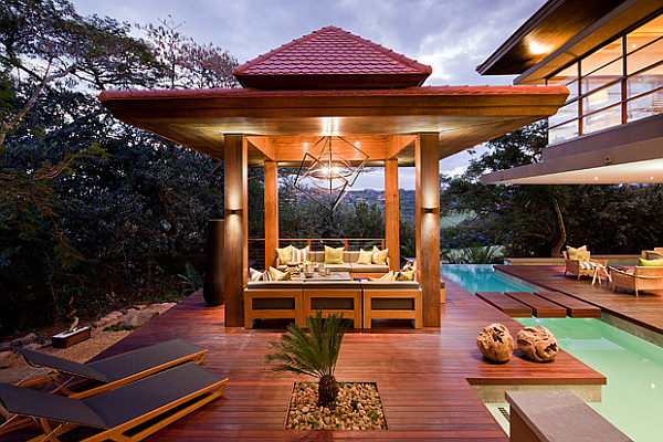 Asian inspired outdoor terrace with pool and wooden deck